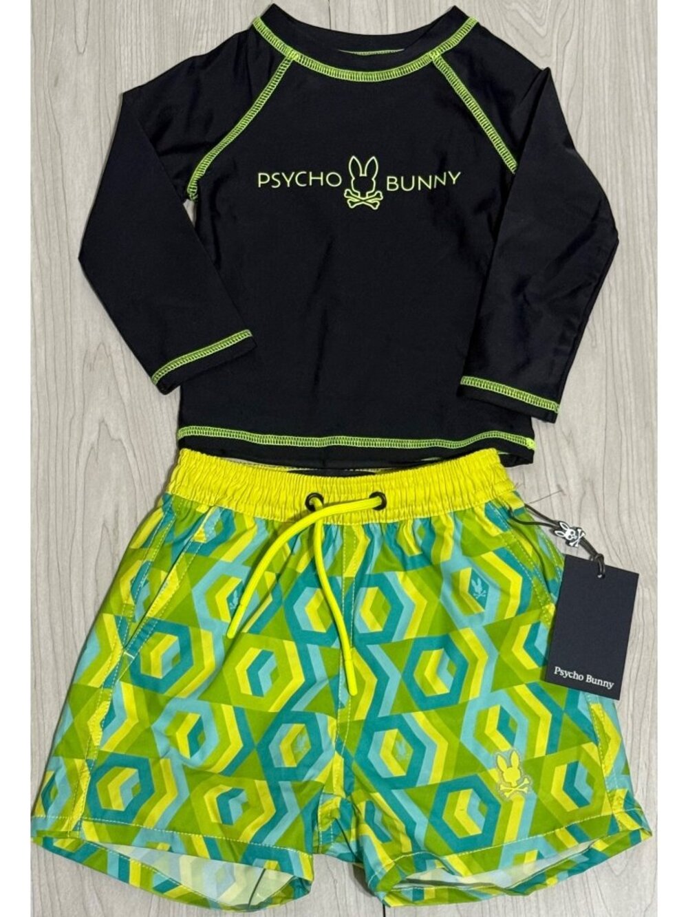 Psycho Bunny 2T swim trunks Rash guard shirt geometric green NWT yellow limeade